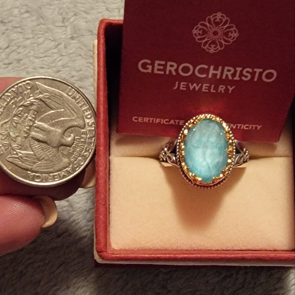 Gorgeous"Pop Rock" ring, Size 7. SS, Gold Turquoise and Qurtz by Gerochristo - Picture 2 of 3
